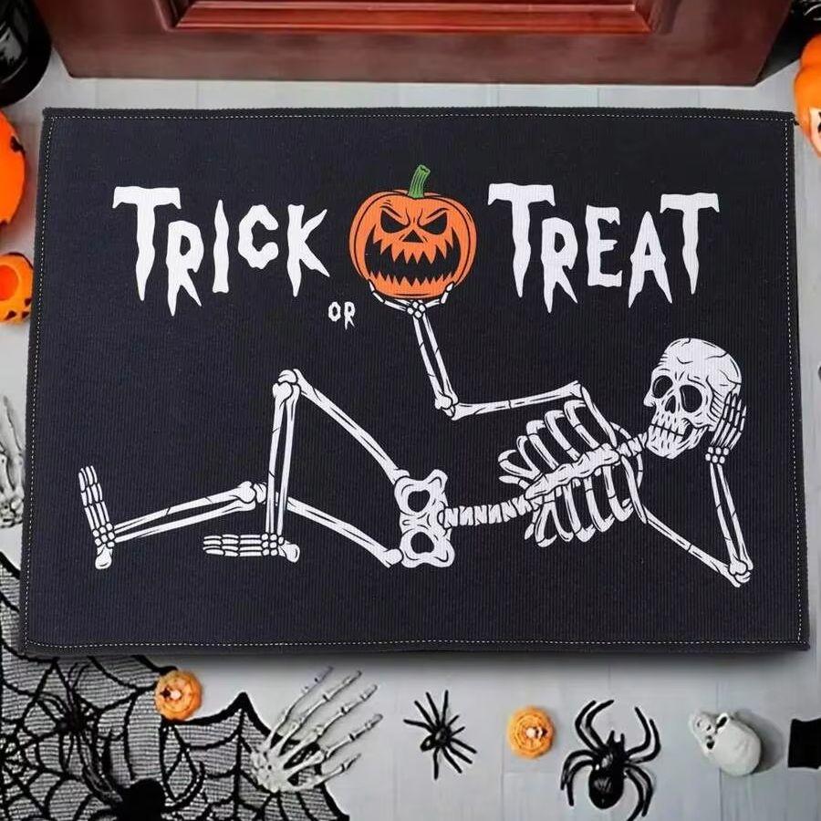 Halloween Skeleton Rug Trick or Treat Doormat Indoor Outdoor Entrance Welcome Floor Mat Holiday Ambiance Home Decoration