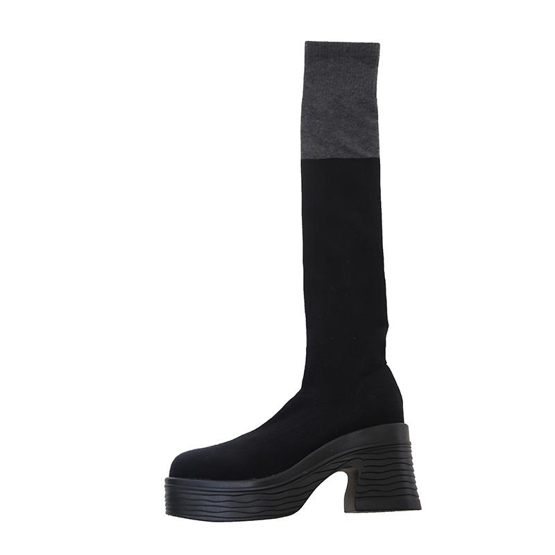 Spring and Autumn new large-size knitted knee boots, thin boots, thick-soled thick-heeled color matching elastic socks boots