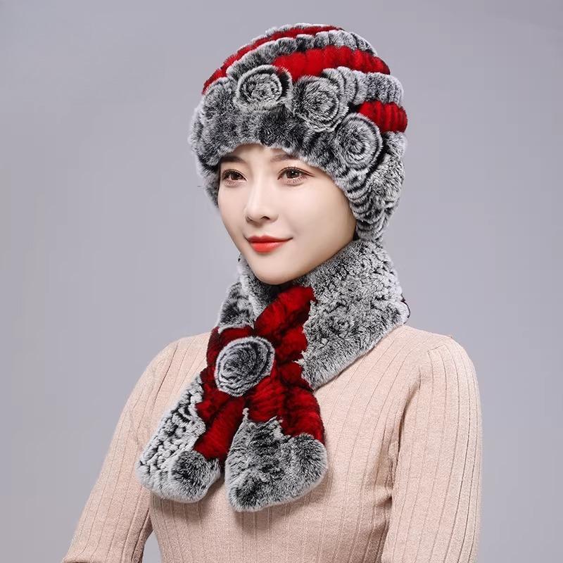 New Rex Rabbit Hair Hat Women's Winter Outdoor Scarf Set Warm Ear Protection Middle-aged and Elderly Fur Fashion