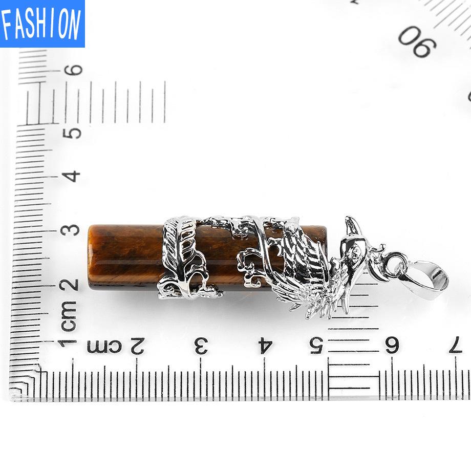 Creative Mascot Wrapped Natural Stone Cylindrical Pendant And Pink Crystal Necklace