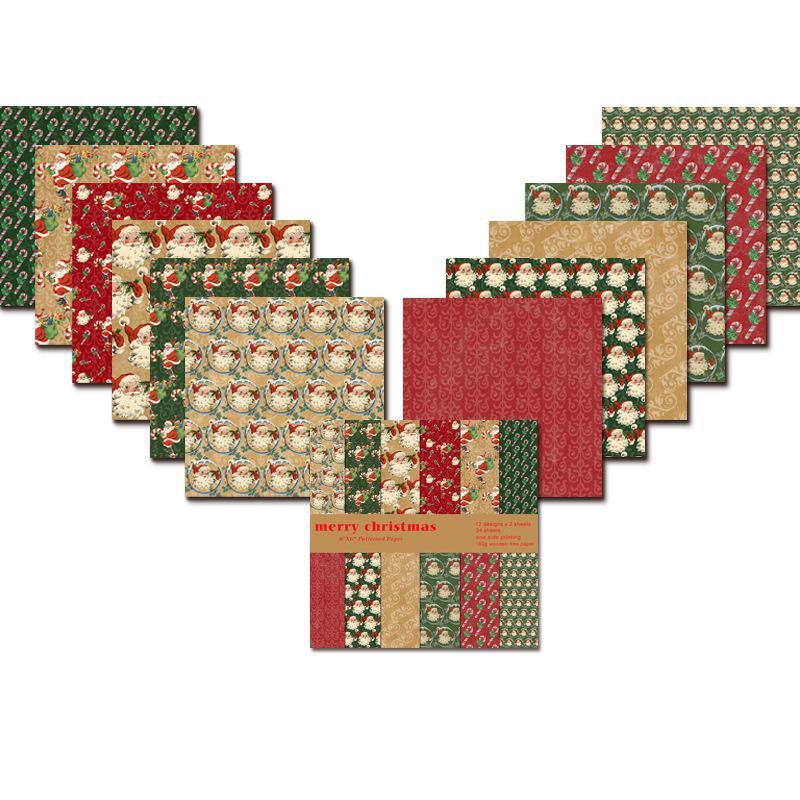 24pcs Craft Paper Merry Christmas Scrapbook Paper Pad 6x6inch Assorted Pattern Decoupage Cardstock Paper DIY Decorative Cardmaking Supplies