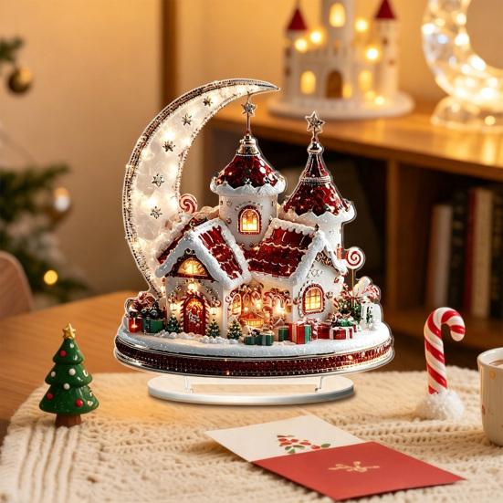 Festlicher Desktop-Schmuck für den Winter Weihnachten Acryl-Ornament, 2D Flaches verschneites Häuschen mit Sockel, Saisonal Detaillierter Druck Nikolaus Schneemann Tisch