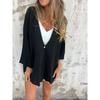 Fashion Loose V Neck Solid Color Cardigan Top Women Mid Length Sleeve