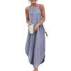 Women Casual Printed Round Neck Loose Long Dress Sleeveless Split Maxi Dress