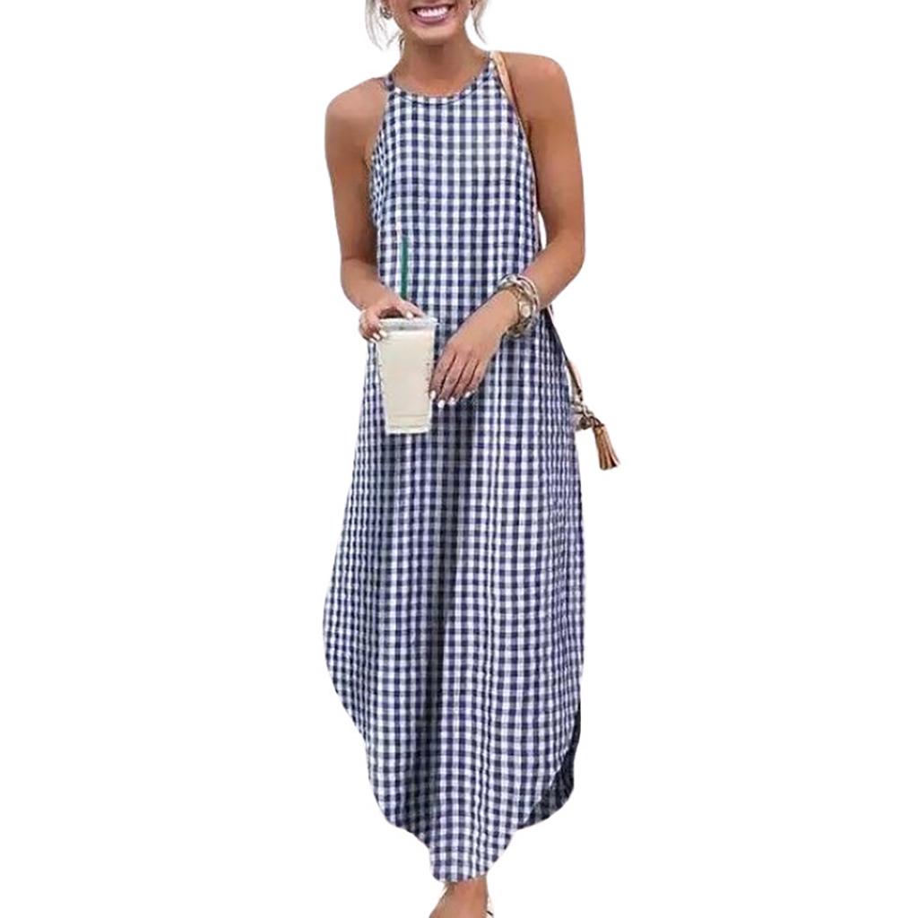 Women Casual Printed Round Neck Loose Long Dress Sleeveless Split Maxi Dress