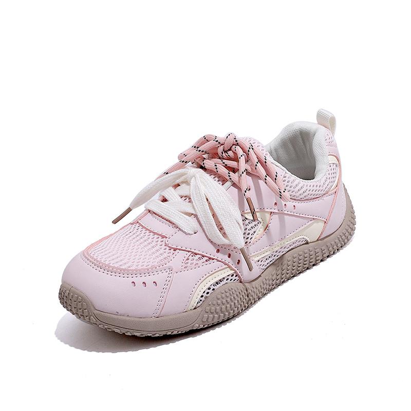 Fashion Pink Girls Mesh Satin Shoelaces Lace Up Sneakers 2025 New Fashion Women Casual Shoes Round Toe Platform Training Shoes