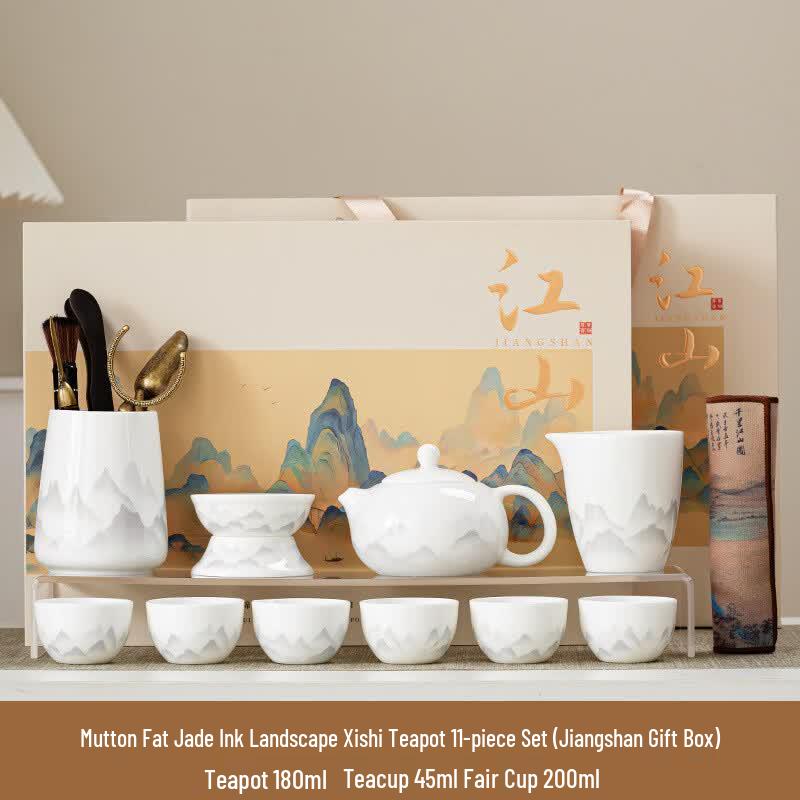 Hongmen Guochao 11-Piece Ceramic Tea Set - Ink Wash Red Lotus