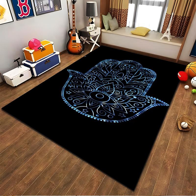 Mandala Hamsa Hand Carpet, Black and Blue Bohemian Living Room Rug Suitable for use as an anti-slip for living room bedroom sofas