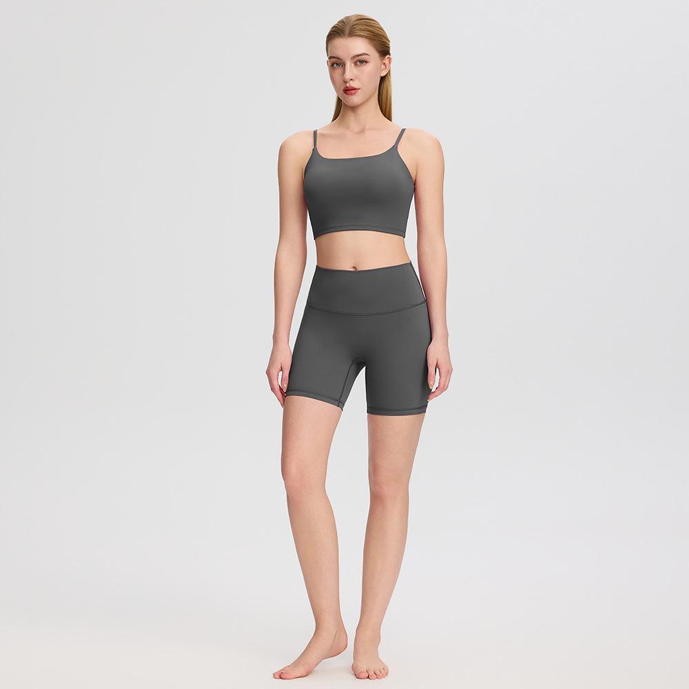 Bare-Feel Five-Piece Yoga Set: Long & Short Sleeve Tops, Chest Pads, Tight Slimming High-Waisted Pants.
