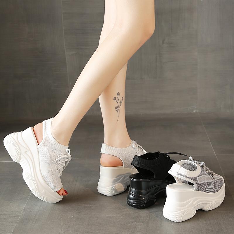 Womens Hollow Out Sport Sandals Fabric Lace Up Footwear Front Vulcanized Shoes For Women Thick Platform Wedge Sandals