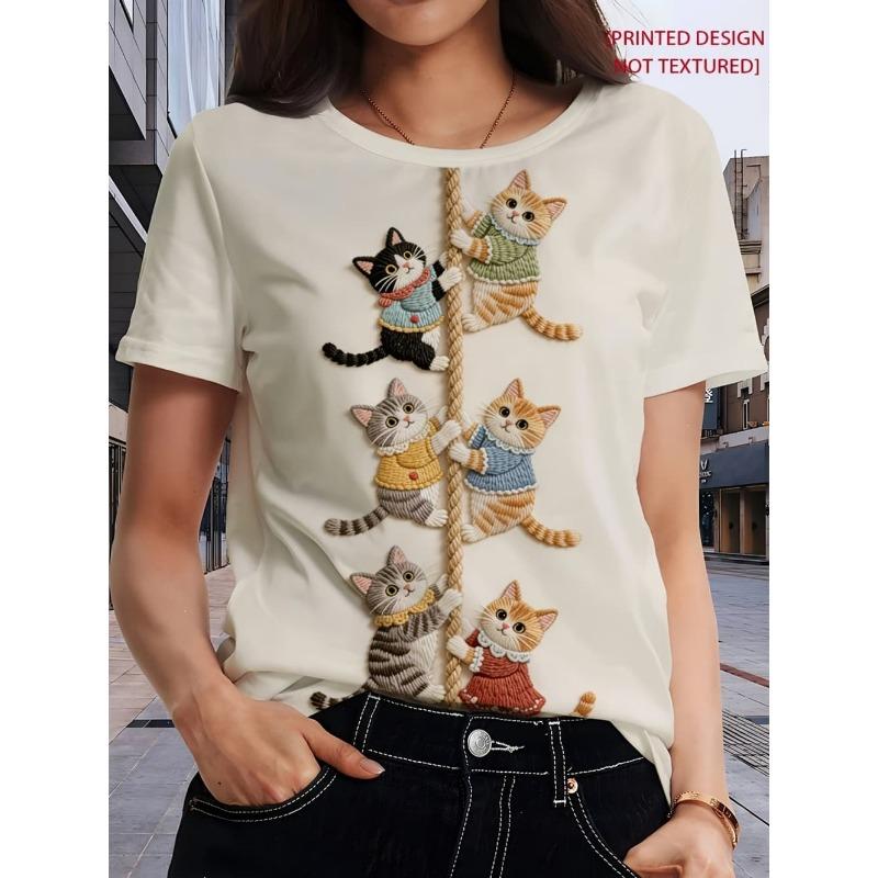 Funny Cat Pattern Women's T-Shirt Cute Animal 3D Print T-Shirts Summer Fashion Casual Street Tees Short Sleeves Round Neck Tops