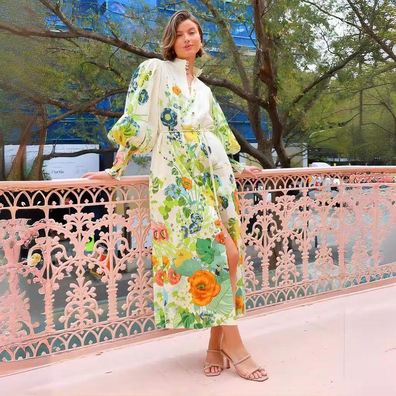 

Fashion 2024 Single-Breasted Long Lantern Sleeve Graffiti Printing Shoelace Waist-Tight Dress Flower color 2XL