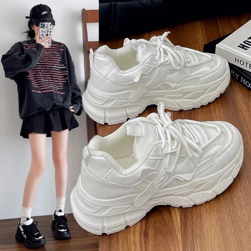Women Trendy Color-blocked Brand Design Thick-soled Sneakers New Fashion Lace-up Mesh Breathable Tennis Shoes Mujer Zapatos