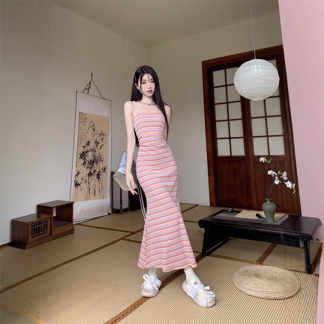 

Rainbow Striped Sleeveless Knitted Tank Dress - Women s Summer Bodycon Waist-Hugging Long Vest Dress One Size (Premium) розовый