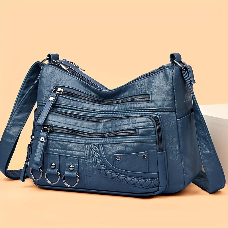 Women'S Large Capacity Shoulder Crossbody Bag, Multi Layer Zipper Pocket Synthetic Handbag Purse with Golden-Tone Hardware