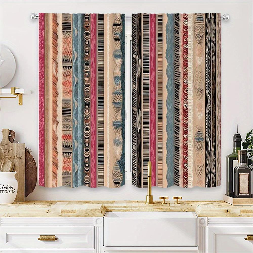 2pcs Bohemian Ethnic Curtains - Semi-Sheer Window Drapes with Rod Pocket   Tribal Stripe patterns in Beige Blue Pink
