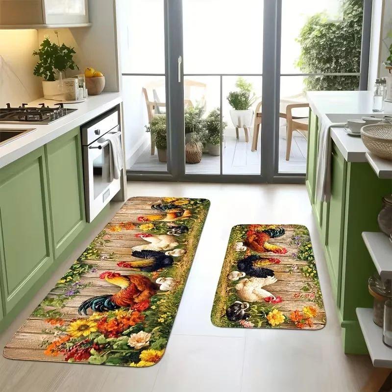 Country Rooster Print Runner Rug 2/3Pcs Spring Summer Anti Slip Washable Kitchen Bedroom