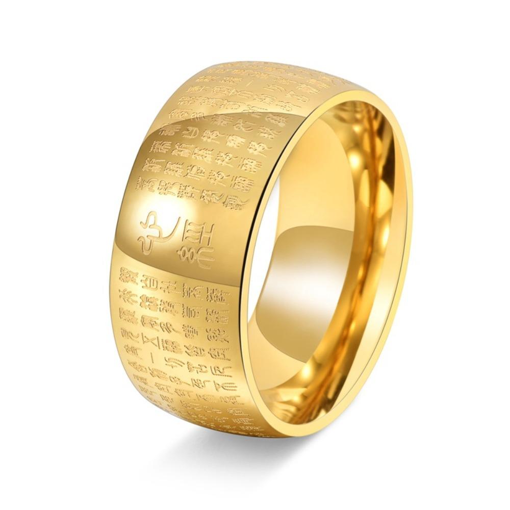 Mens Heart Sutra Ring Stainless Steel Buddhist Inscription Chinese Zen Style Wide Band 18K Gold Jewelry