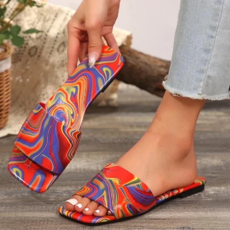 Fashion Ladies Shoes 2024 New Open Toe Square Toe Women's Slippers Summer Mixed Colors Outdoor Casual Beach Flat Large Size Slippers