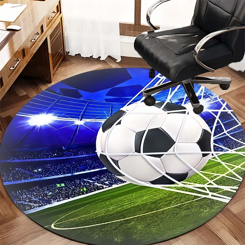 Soccer Ball Goal Stadium Print Round Area Rug Non‑Slip Circular Floor Mat Sport Theme Home Decor for Living Bedroom Gaming Room