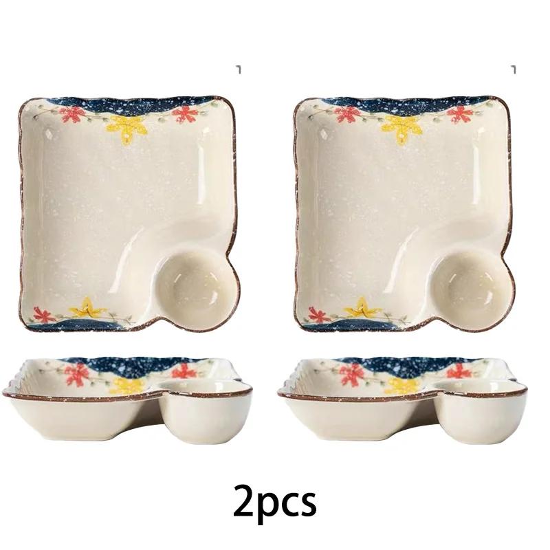 1pcs Rectangular Ceramic Dinner Plates- Divided Plates and French Fry Plates with Built-in Sauce Dishes, Ideal for Dumplings