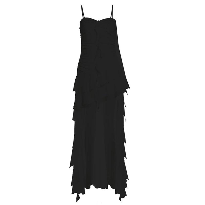 Vestido sexy de malla con volantes irregulares, alto bajo, blanco y negro, sin mangas, vestidos largos, ropa de verano para mujer