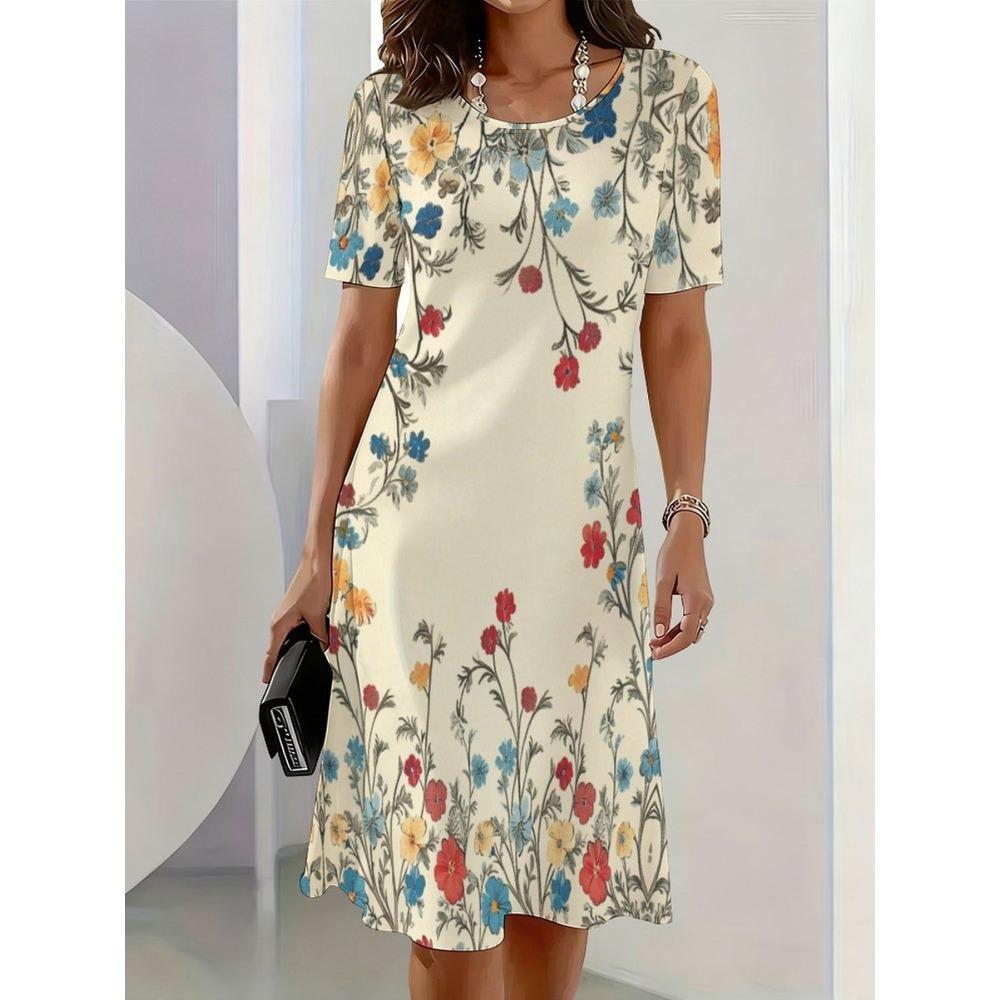 Summer Fashionable Casual Round Neck T-shirt Short Sleeved Mid Length Mini Dress Soft Comfortable Retro Versatile Party Loose 3D Printed Women's Dress