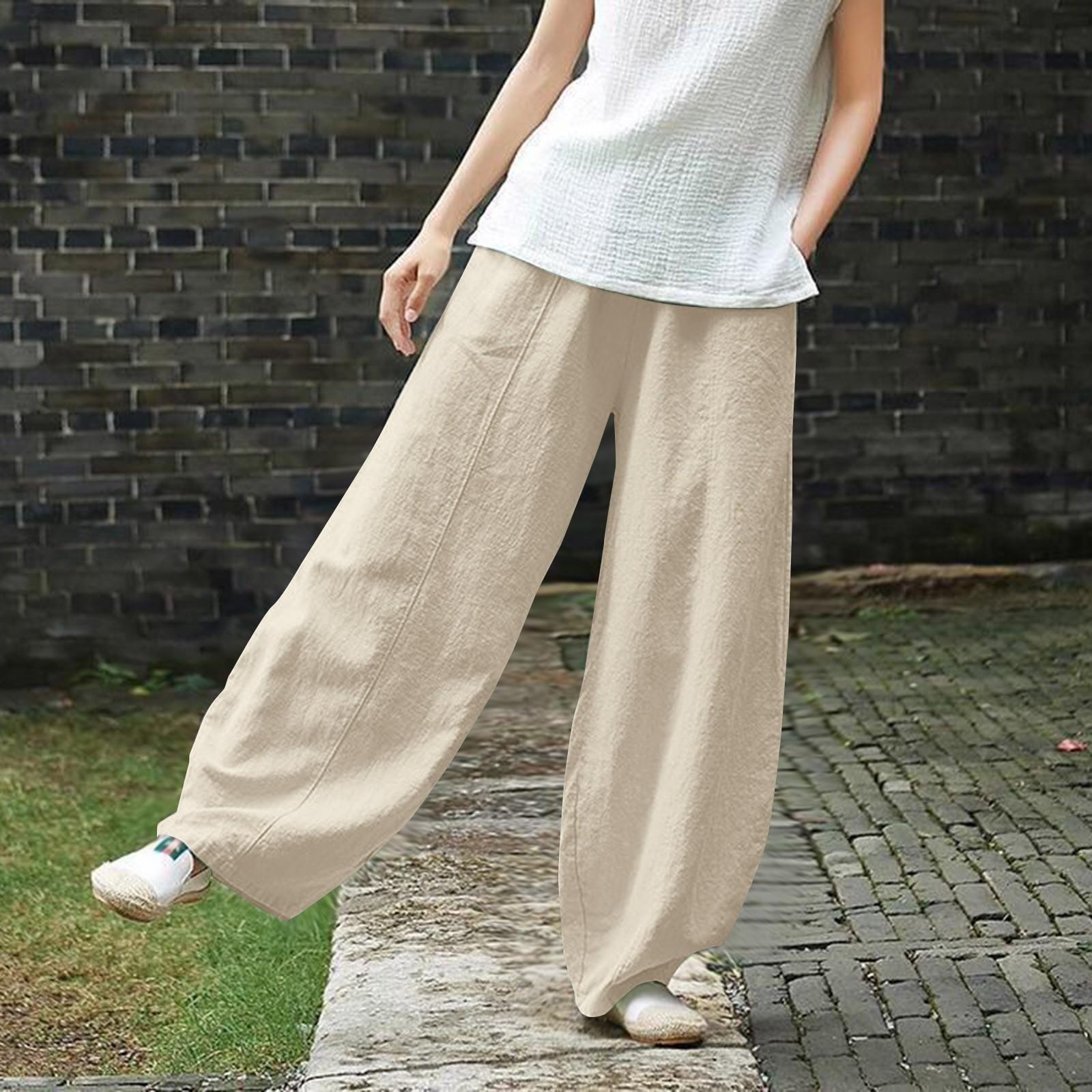 

Женские модные свободные повседневные однотонные брюки из хлопка и льна с карманами L бежевый
