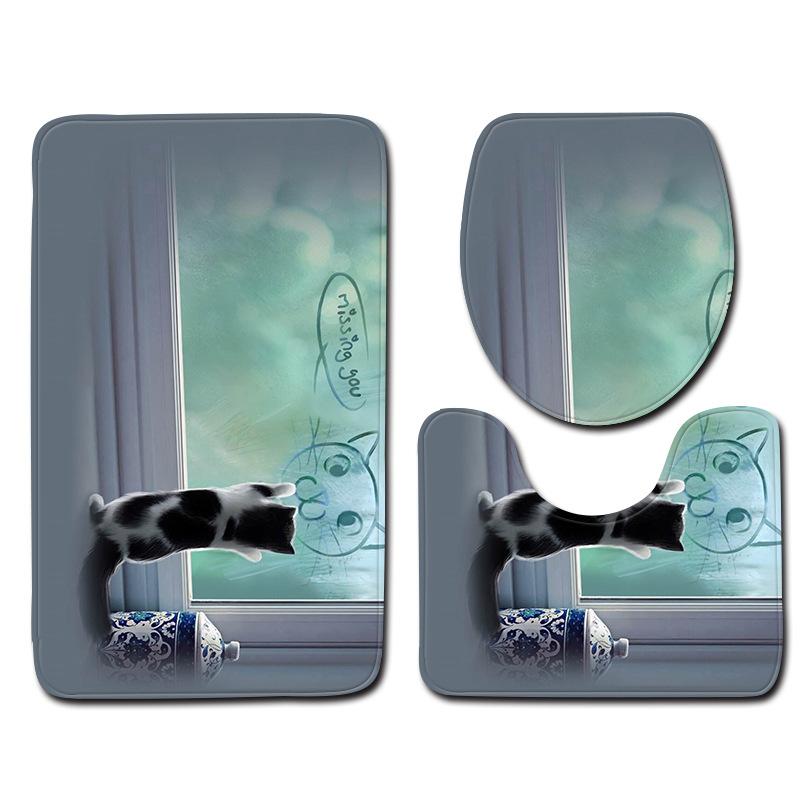 3D Kitten Bathroom Toilet Three-Piece Floor Mat Doormat Bathroom Carpet