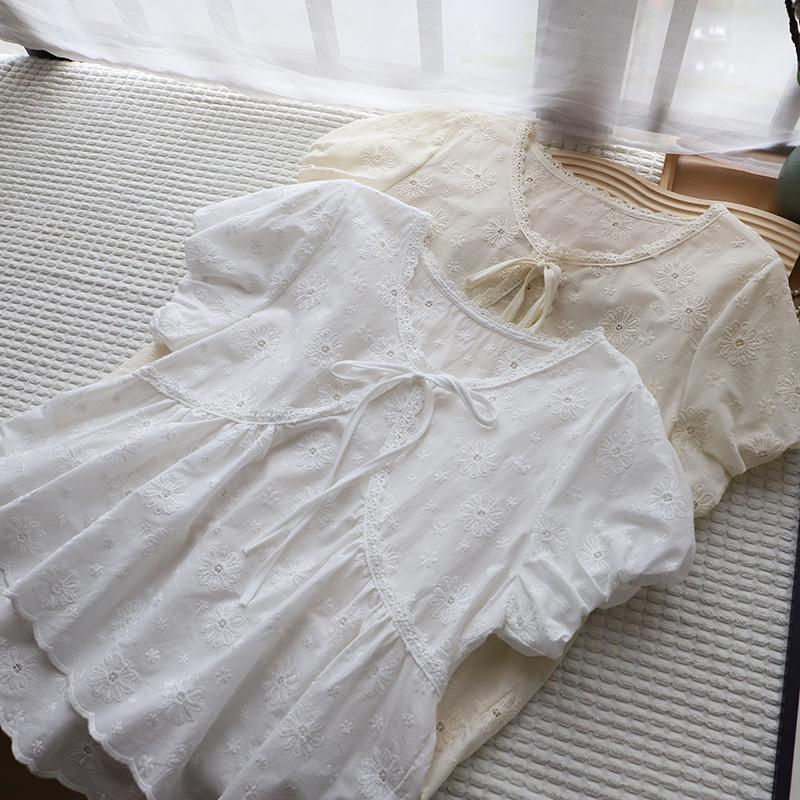 2025 Summer Korean Lace V-Neck Tie-Up Embroidered Short Sleeve Women's Shirt