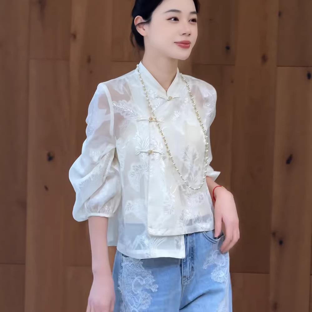 2026 Spring Chinese Style Embroidered Jacquard Frog Button Stand Collar Shirt