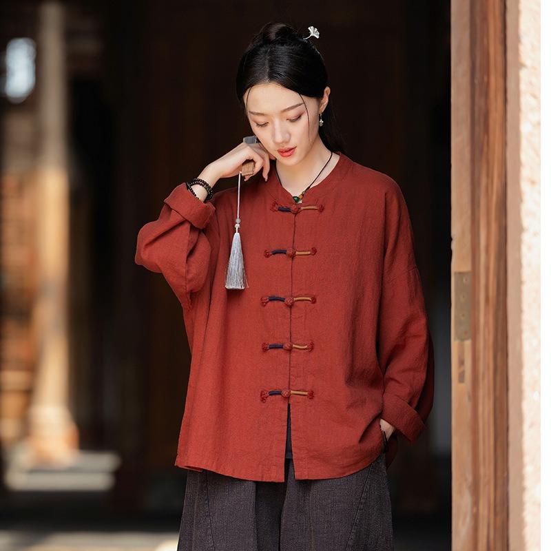 

Весенний хлопково-льняной женский ретро-кардиган в национальном стиле с пуговицей-диском, контрастной отделкой, запахом, женская дзен-куртка из рами One size