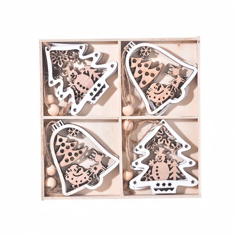 12pcs 1 Set Rural Style Wooden Christmas Tree Decoration Set Carved Christmas Decoration, Suitable for Farmhouse Holidays