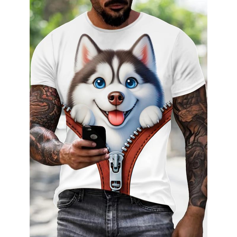 Men's Novelty 3D Cute Dog Print T-Shirt - Casual & Stylish, Streetwear Short Sleeve Round Neck Tee