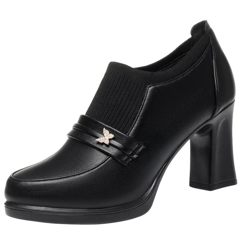 5.5cm 7.5cm All Match Breathable Comfortable Flexible Soft Leather Shoes Women Pumps 2025 Fall Med Block Heels Shoes Office Mom