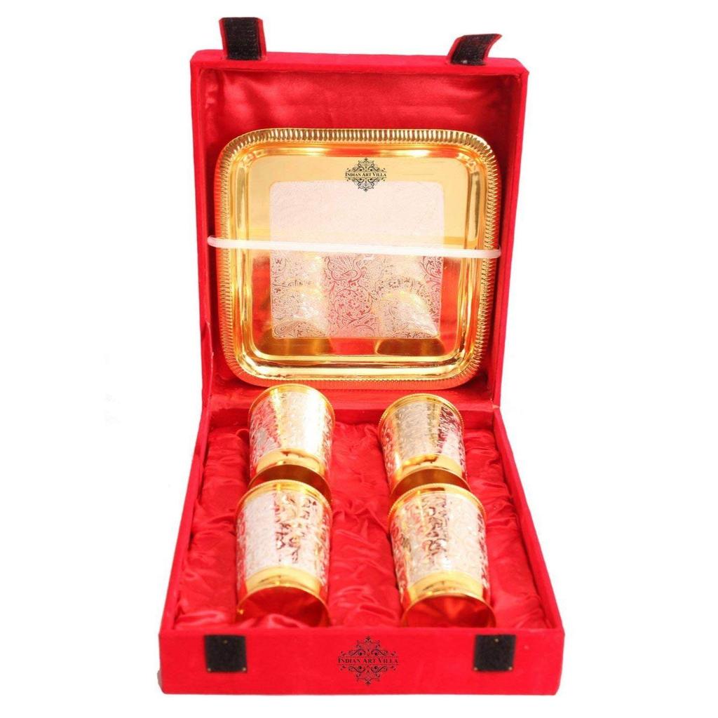 Sada 4 designových postříbřených sklenic/pohárů, leštěných do zlatova, k servírování vody, dárkový předmět k Diwali