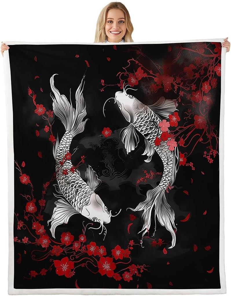GUOYU Blanket Japanese Style Fleece Blanket Mount Fuji Warm Plush Sherpa Blanket Ocean Great Waves Art Fuzzy Plush Throw Black Golden Glitter