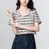 Contrasting Striped V-Neck Short Sleeve T-Shirt Women's Summer Design Irregular Front Shoulder T-Shirt Top