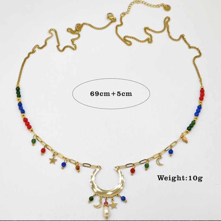 Ilona Boho Colorful Stone Celestial Pendant Necklace 18K Gold Plated Stainless Steel Moon Star Pearl Charm Aesthetic Jewelry золотой