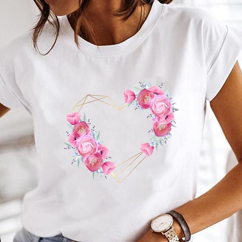 Womens White Short Sleeved Tshirt Love Printed Casual Simple Fashion Tshirt with Arrow Feather Design Fashion Trend Top