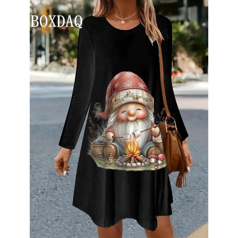 Winter Women's Christmas Party Dress Fashion 3D Trend Funny Santa Claus Printed Dress Long Sleeve O-Neck