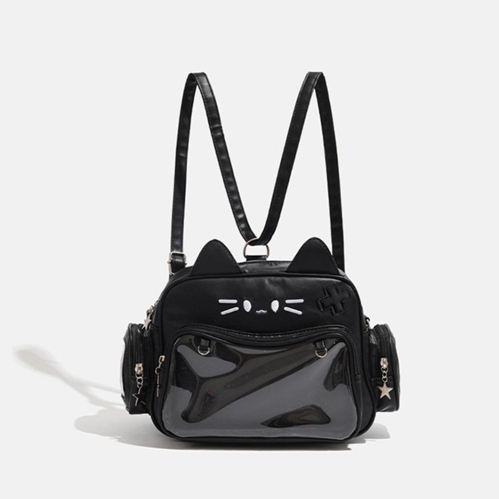 

College Style Y2K Jk Shoulder Bag Harajuku Transparent Pocket Ita Bag Big Capacity PU Cat Backpacks Girls чёрный