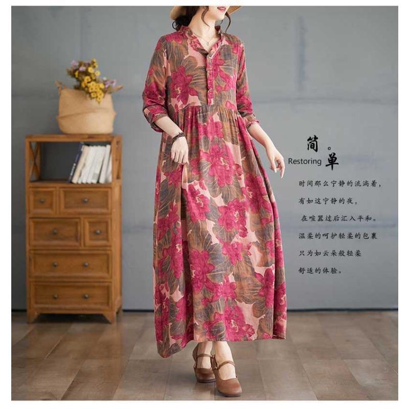 Printed Loose Belly Shading Mulle Lace Long Sleeve Hem Long Dresses