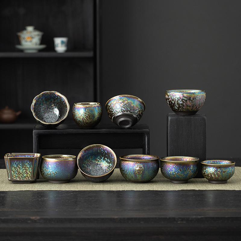 Colorful Kiln Mutated Shape Gilded Jian Zhan Cup Ceramic Kung Fu Tea Cup Tenmoku Glaze Single Cup Master Cup Tea Bowl Tasting Cu