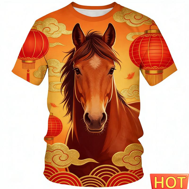 Chinese New Year Horse T-shirt For Men Women 2026 Happy New Year Round Neck Tee Shirts Polyester Family Short Sleeves Red Tops