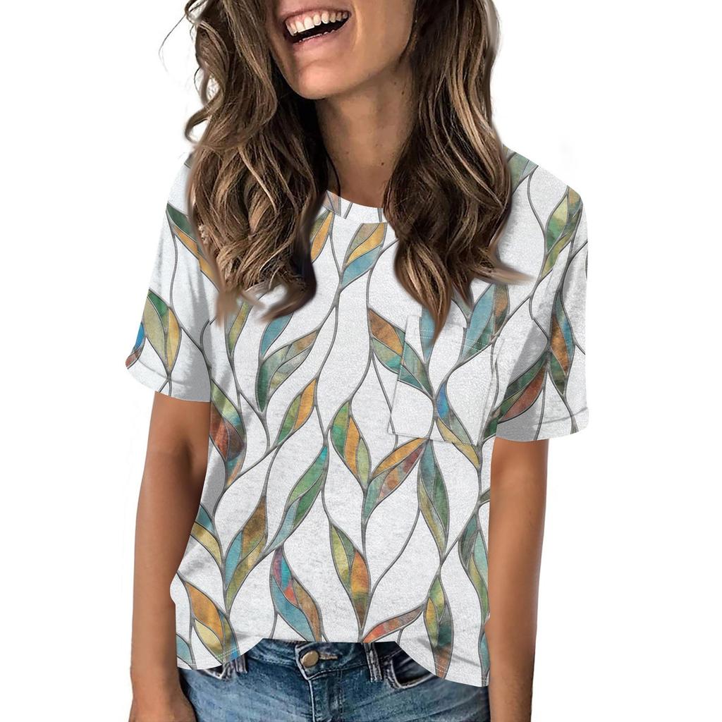 Women's Pocket Floral Print Summer Short Sleeved Round Neck Casual Loose T-shirt Top