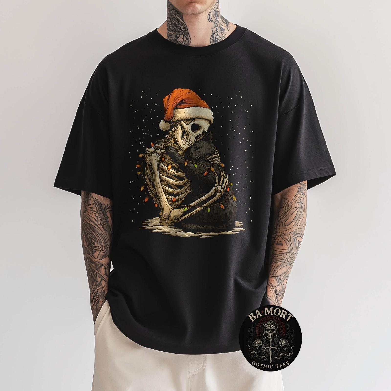Skeleton With Santa Hat Hugging Cat Winter Gothic Christmas T-Shirt Unisex T-Shirt XXXXL