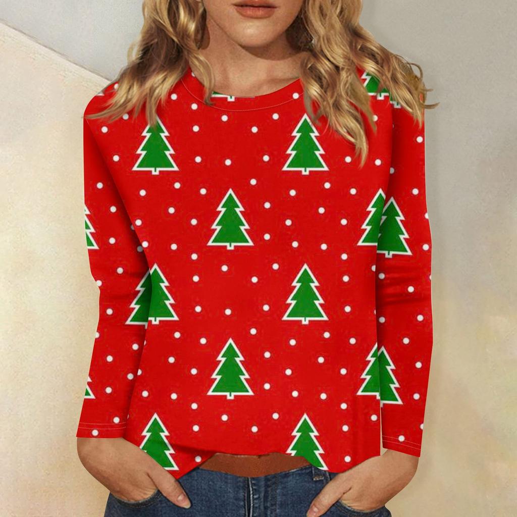 Women's Fashion Casual Christmas Print Round Neck Long Sleeve Decorative T-Shirt Top
