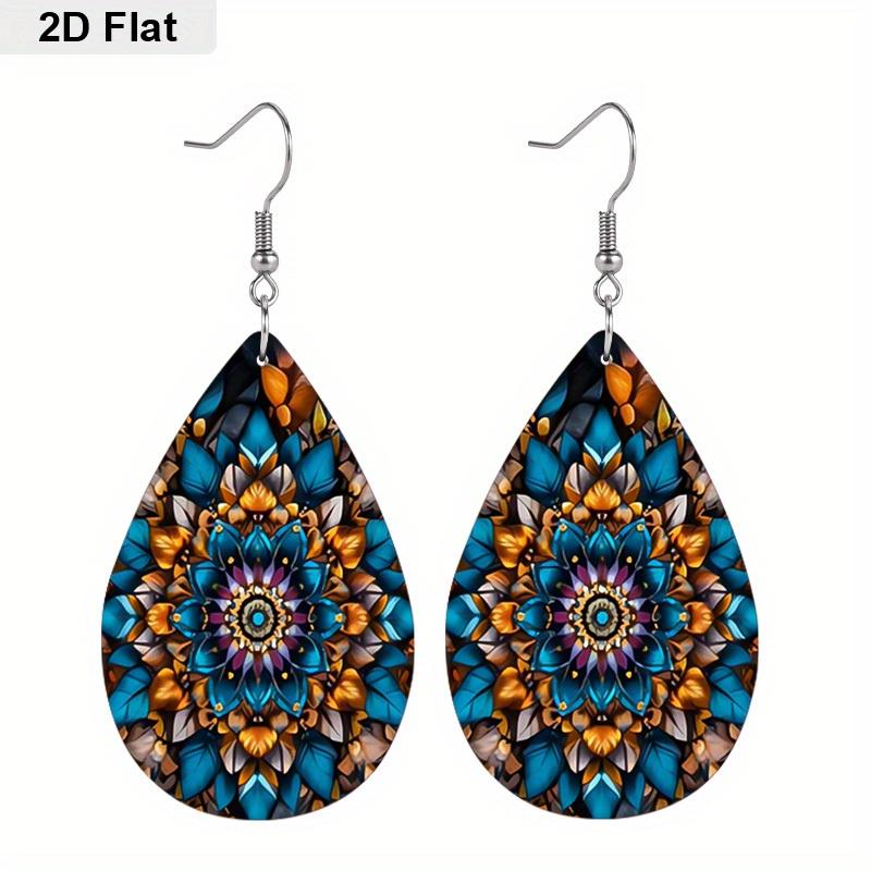 Charming Mandala Floral Black White PU Drop Dangle Earrings for women, Blue Orange Mandala Beach Theme Double Sided Hoop Earring