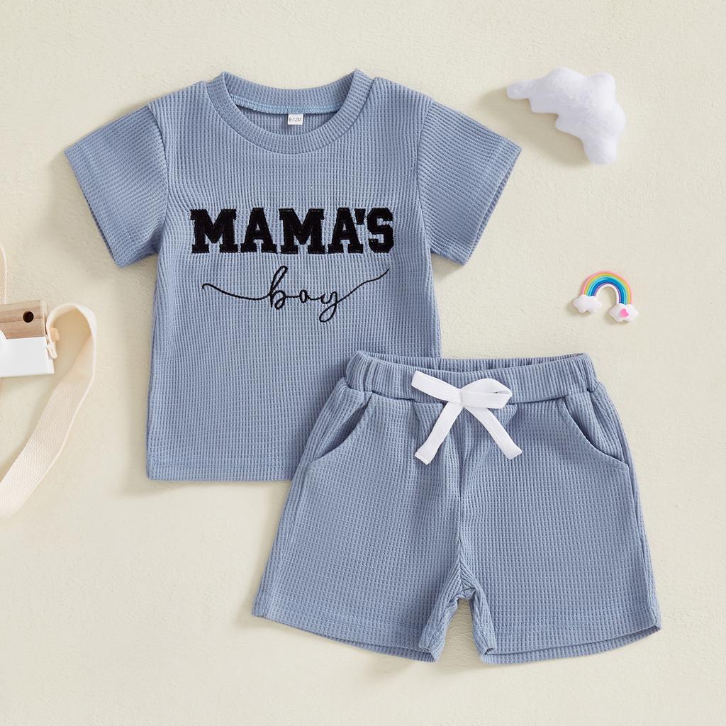 Toddler Boys Summer Outfits Letter Embroidered Waffle Short Sleeve T-Shirts Elastic Waist Shorts 2Pcs Clothes Set